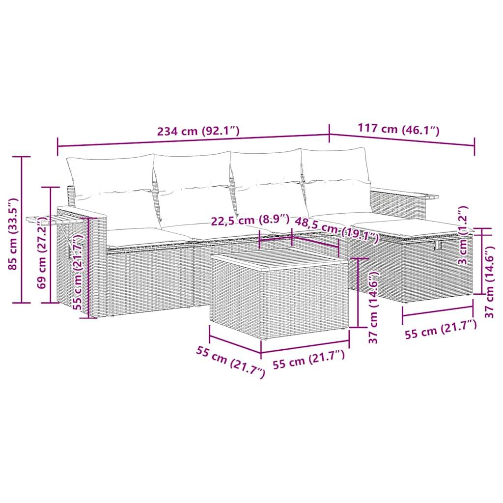 vidaXL 6-tlg. Garten-Sofagarnitur mit Kissen Grau Poly Rattan
