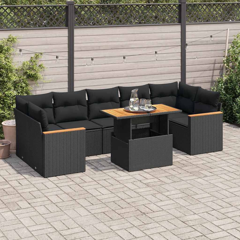vidaXL 8-tlg. Garten-Sofagarnitur mit Kissen Schwarz Poly Rattan