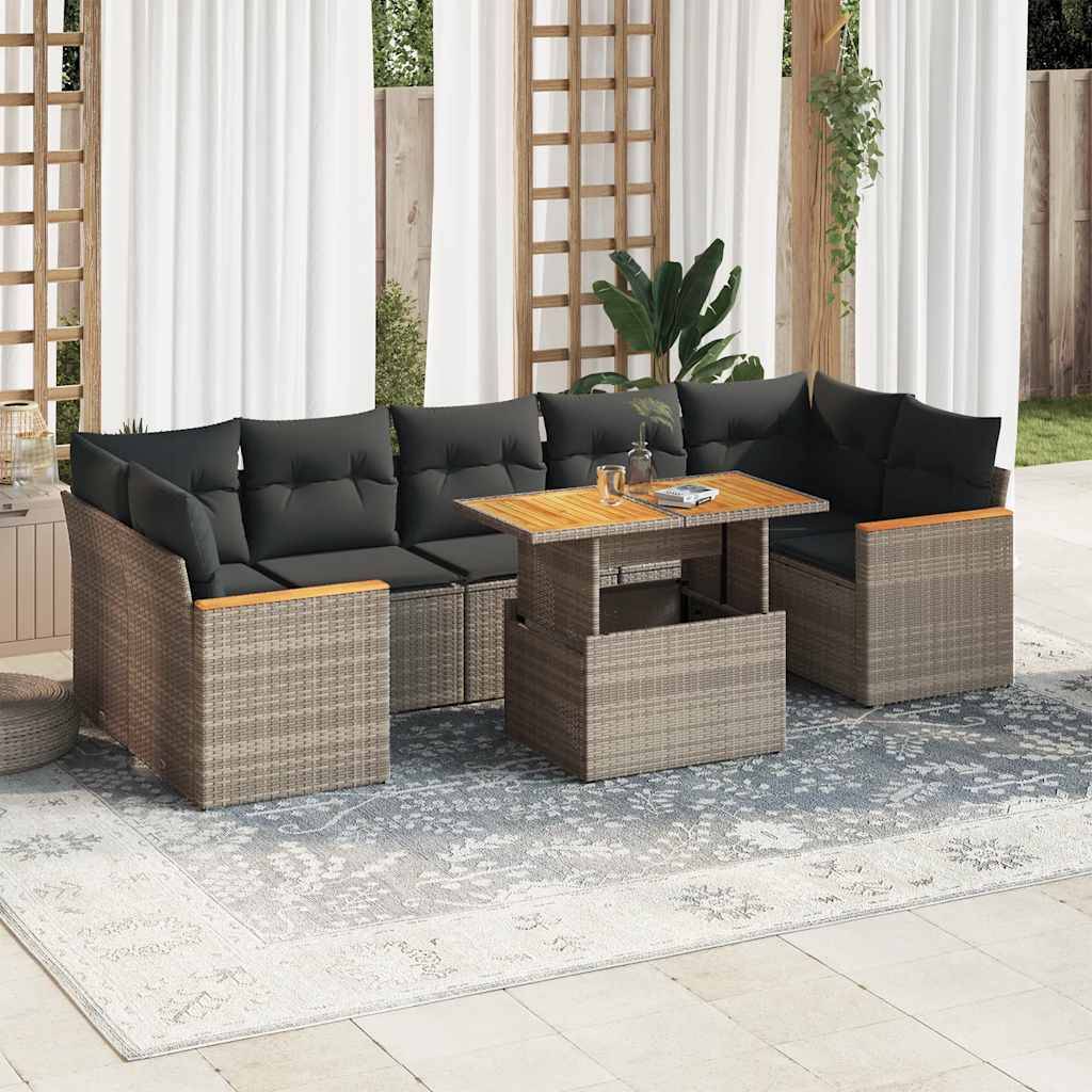 vidaXL 8-tlg. Garten-Sofagarnitur mit Kissen Grau Poly Rattan Akazie