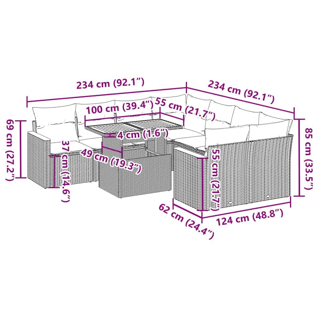 vidaXL 9-tlg. Garten-Sofagarnitur mit Kissen Grau Poly Rattan Akazie