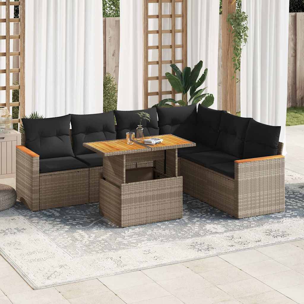 vidaXL 7-tlg. Garten-Sofagarnitur mit Kissen Grau Poly Rattan Akazie
