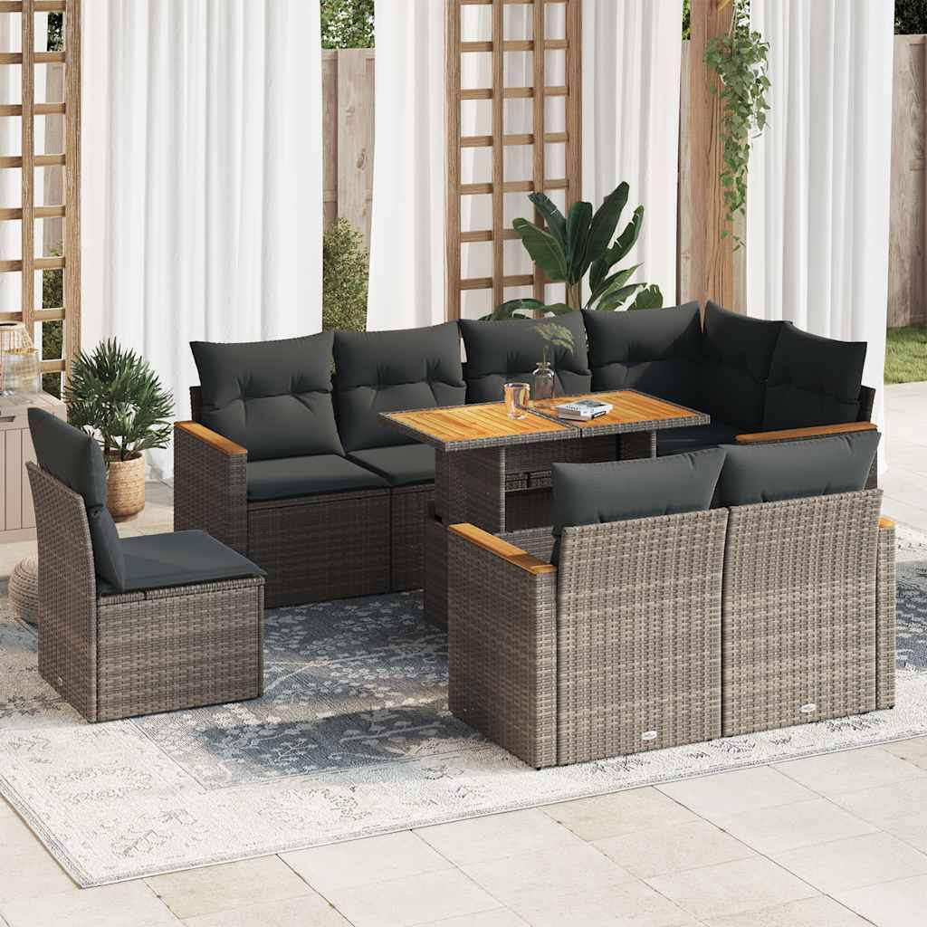 vidaXL 9-tlg. Garten-Sofagarnitur mit Kissen Grau Poly Rattan Akazie