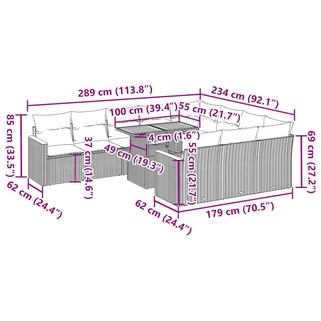 vidaXL 11-tlg. Garten-Sofagarnitur mit Kissen Schwarz Poly Rattan