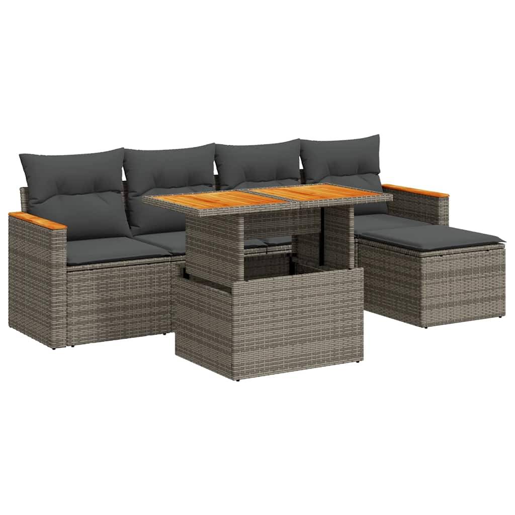 vidaXL 6-tlg. Garten-Sofagarnitur mit Kissen Grau Poly Rattan Akazie