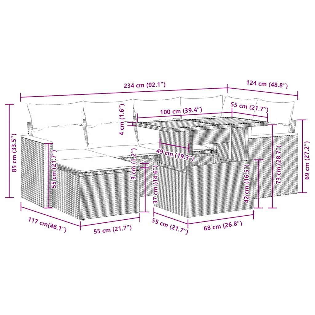 vidaXL 7-tlg. Garten-Sofagarnitur mit Kissen Schwarz Poly Rattan