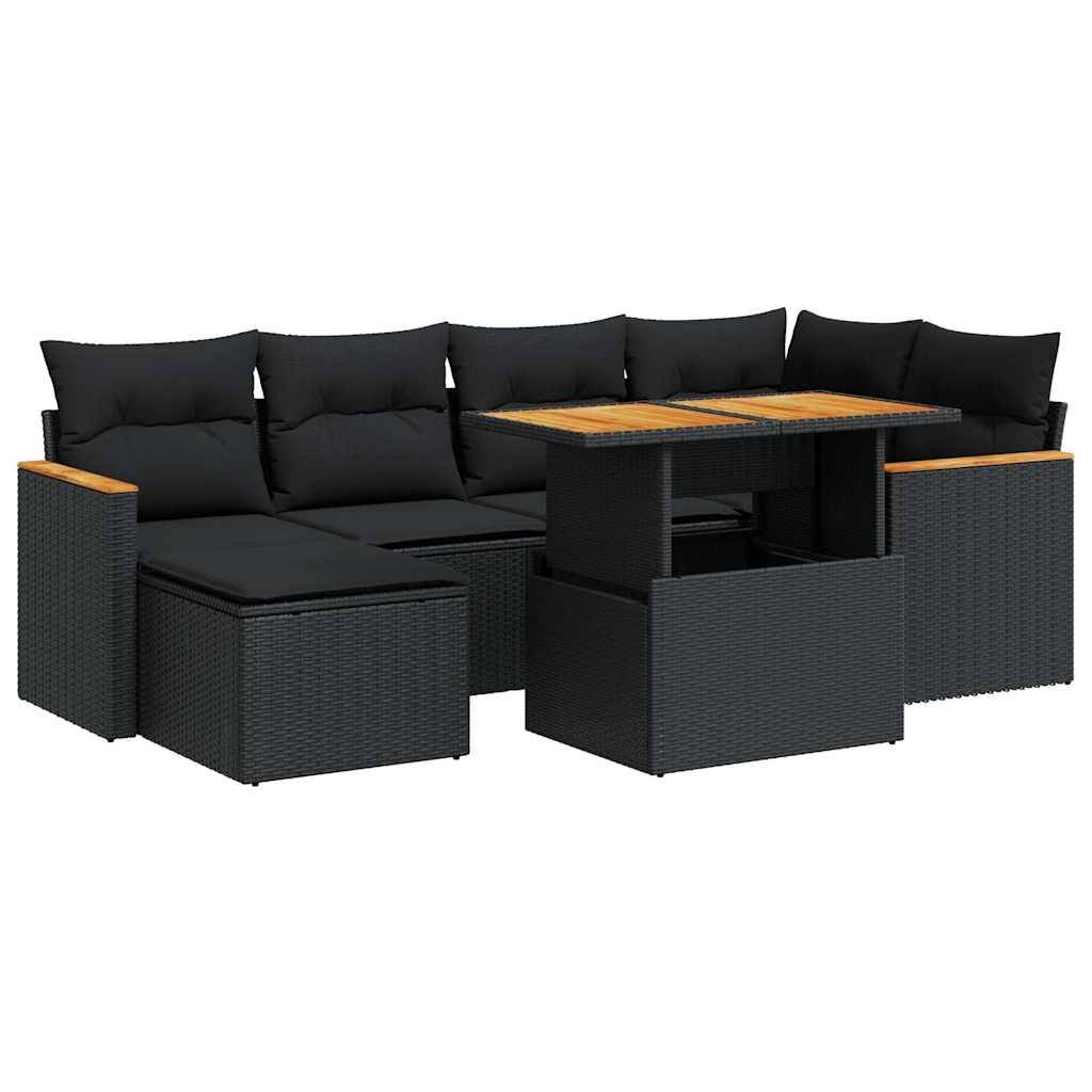 vidaXL 7-tlg. Garten-Sofagarnitur mit Kissen Schwarz Poly Rattan