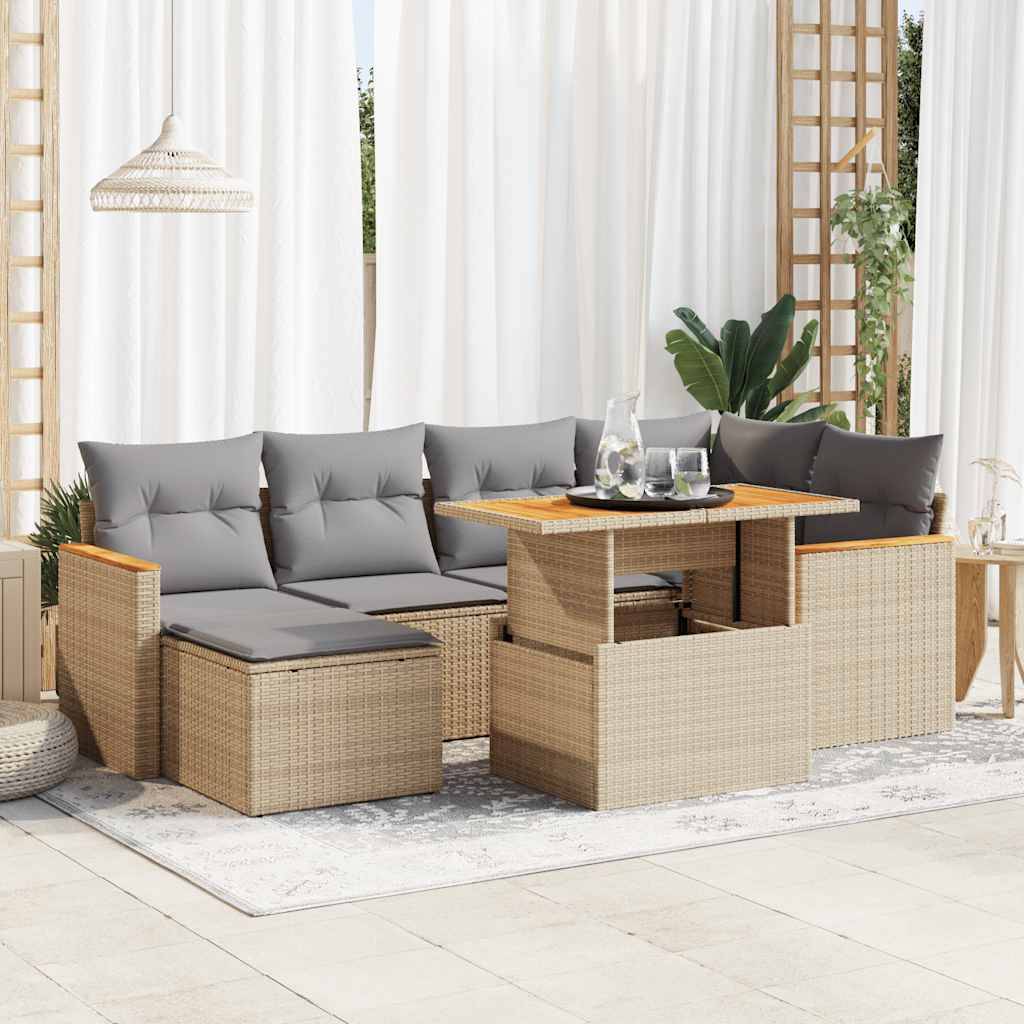 vidaXL 7-tlg. Garten-Sofagarnitur mit Kissen Beige Poly Rattan Akazie