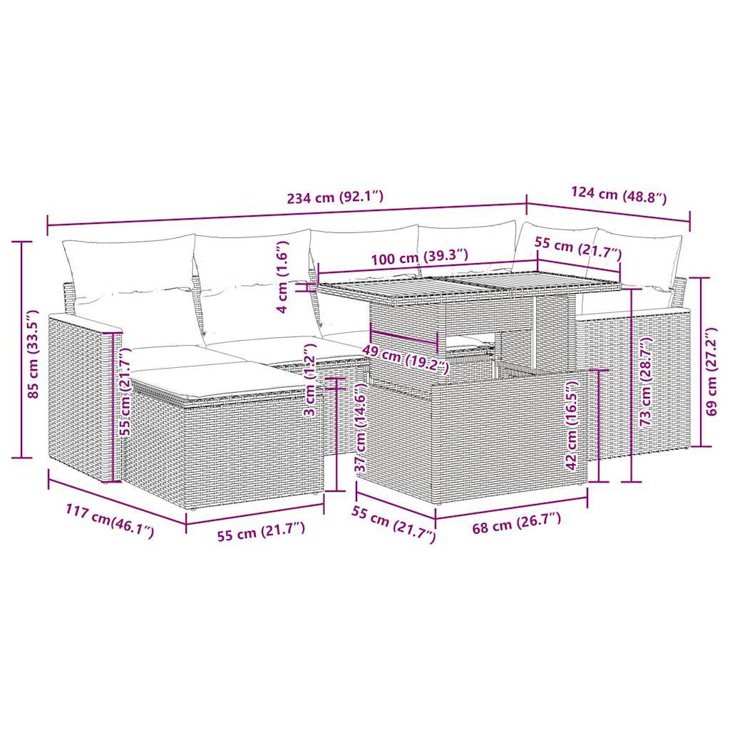 vidaXL 7-tlg. Garten-Sofagarnitur mit Kissen Beige Poly Rattan Akazie