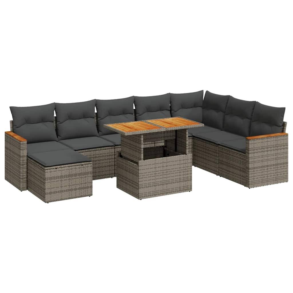 vidaXL 9-tlg. Garten-Sofagarnitur mit Kissen Grau Poly Rattan Akazie