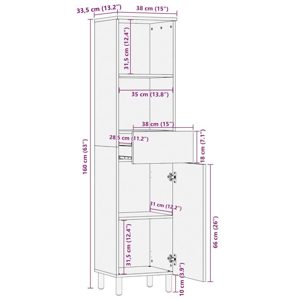 vidaXL Badschrank 38x33,5x160 cm Massivholz Mango