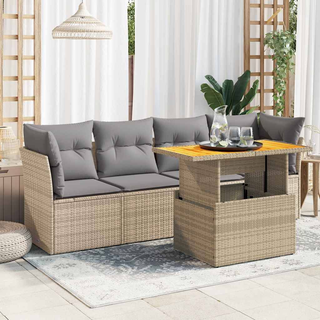 vidaXL 5-tlg. Garten-Sofagarnitur mit Kissen Beige Poly Rattan