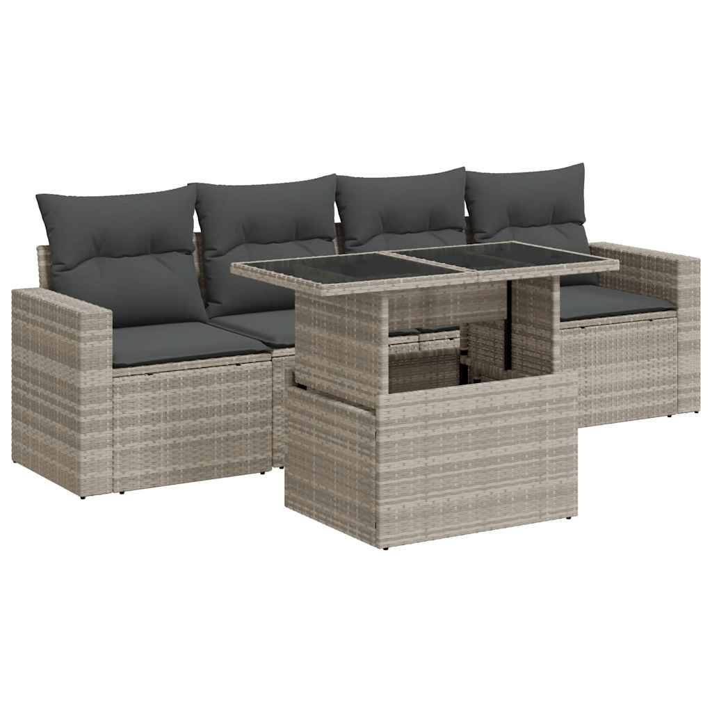vidaXL 5-tlg. Garten-Sofagarnitur mit Kissen Hellgrau Poly Rattan
