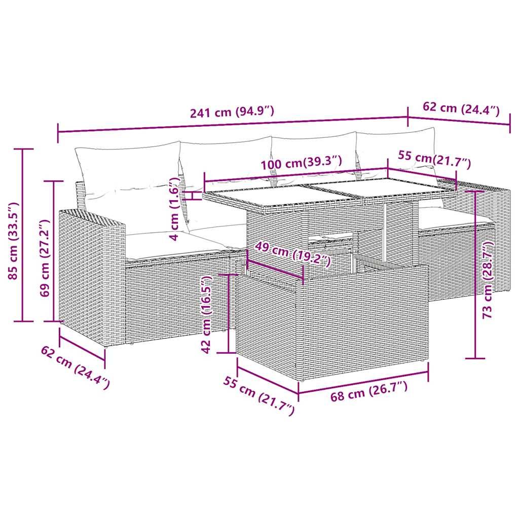 vidaXL 5-tlg. Garten-Sofagarnitur mit Kissen Hellgrau Poly Rattan