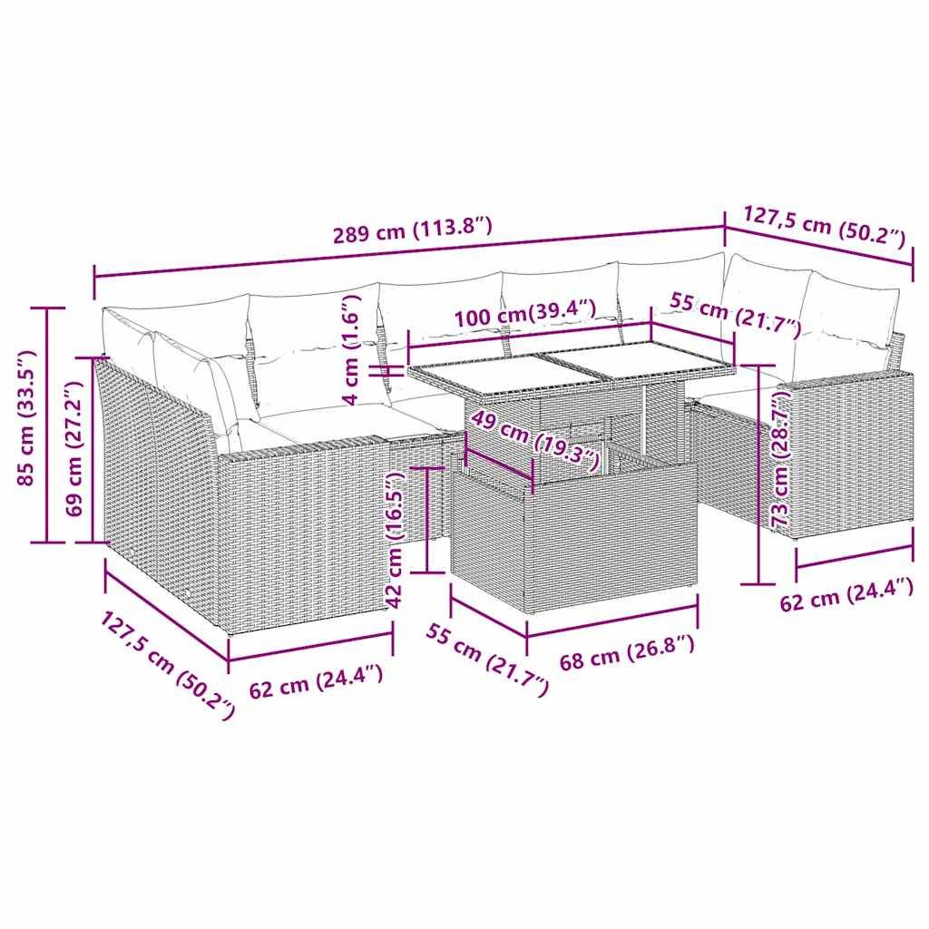 vidaXL 8-tlg. Garten-Sofagarnitur mit Kissen Hellgrau Poly Rattan
