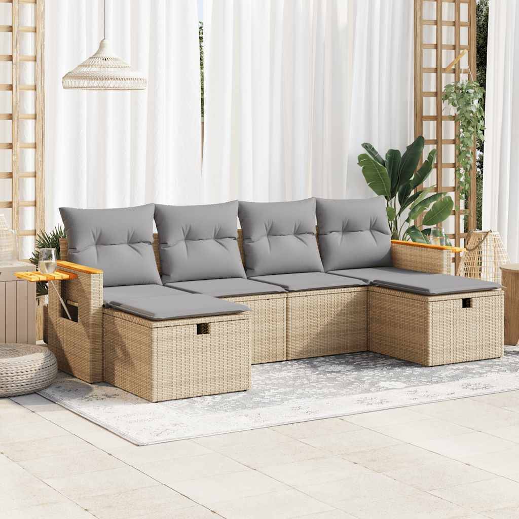 vidaXL 6-tlg. Garten-Sofagarnitur mit Kissen Beige Poly Rattan