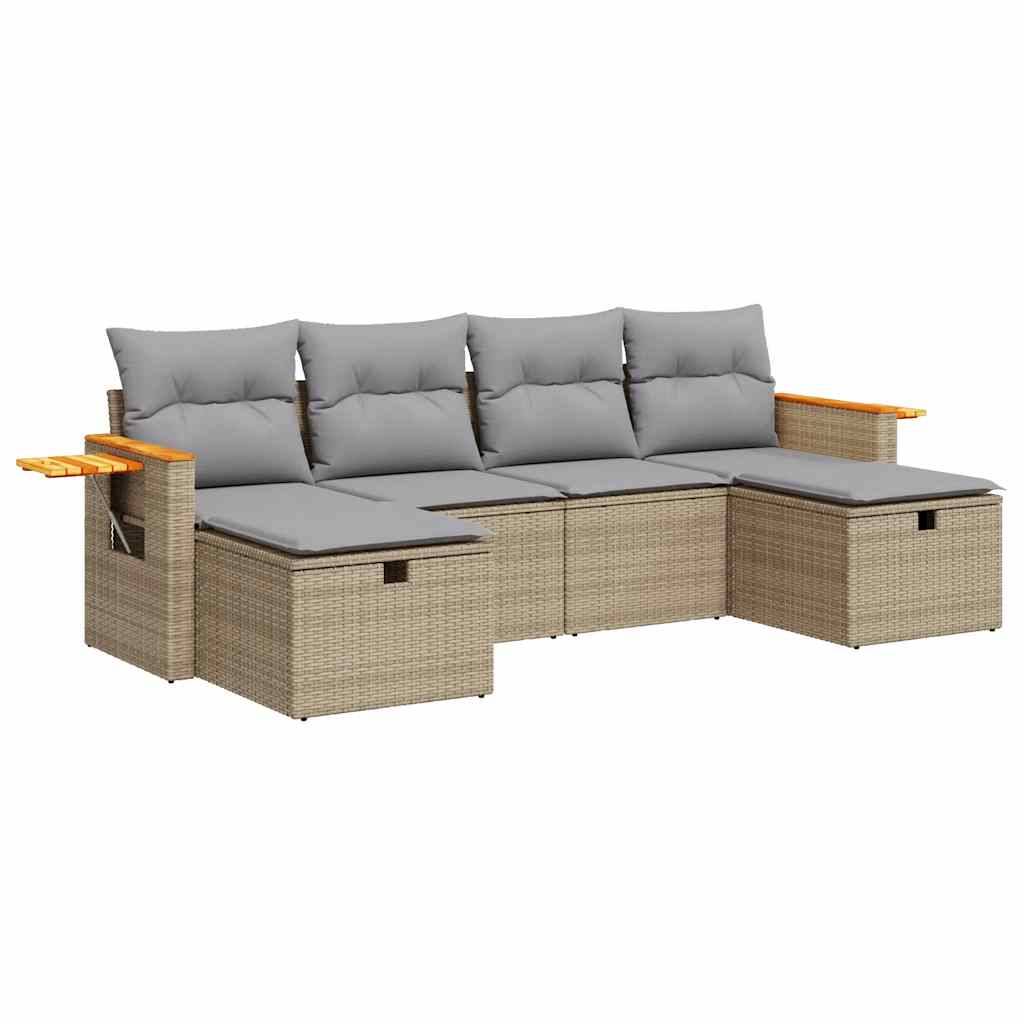 vidaXL 6-tlg. Garten-Sofagarnitur mit Kissen Beige Poly Rattan