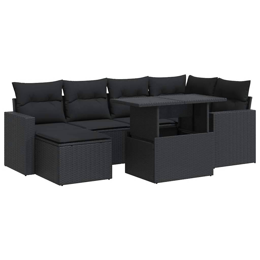 vidaXL 7-tlg. Garten-Sofagarnitur mit Kissen Schwarz Poly Rattan