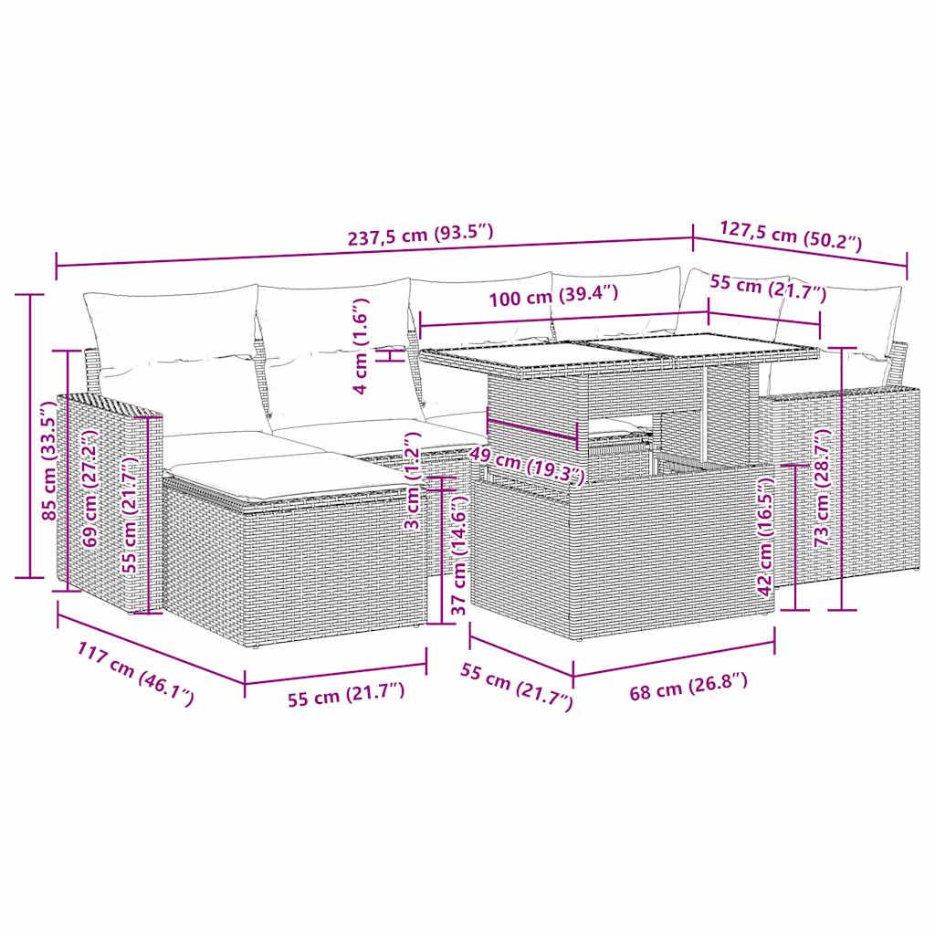 vidaXL 7-tlg. Garten-Sofagarnitur mit Kissen Schwarz Poly Rattan