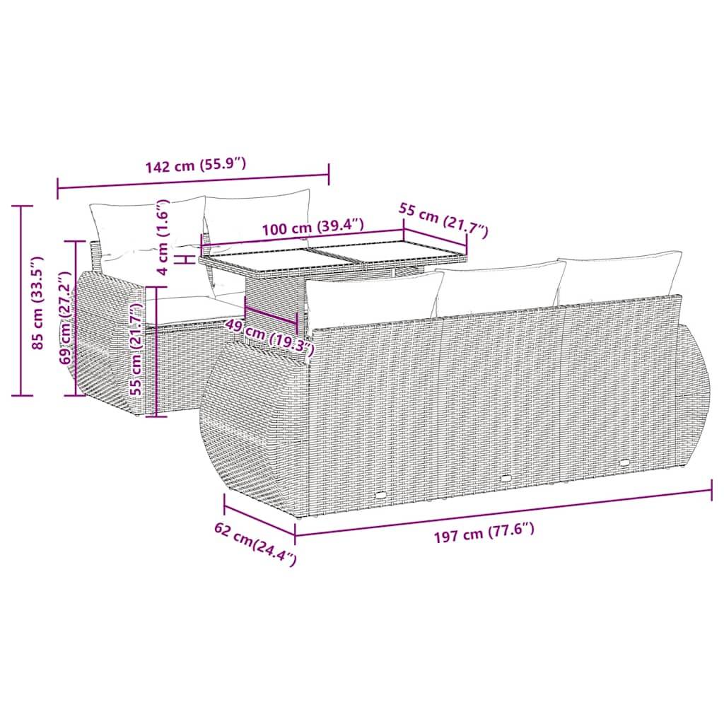 vidaXL 6-tlg. Garten-Sofagarnitur mit Kissen Beige Poly Rattan
