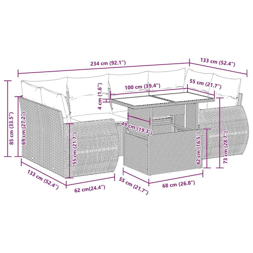 vidaXL 7-tlg. Garten-Sofagarnitur mit Kissen Schwarz Poly Rattan