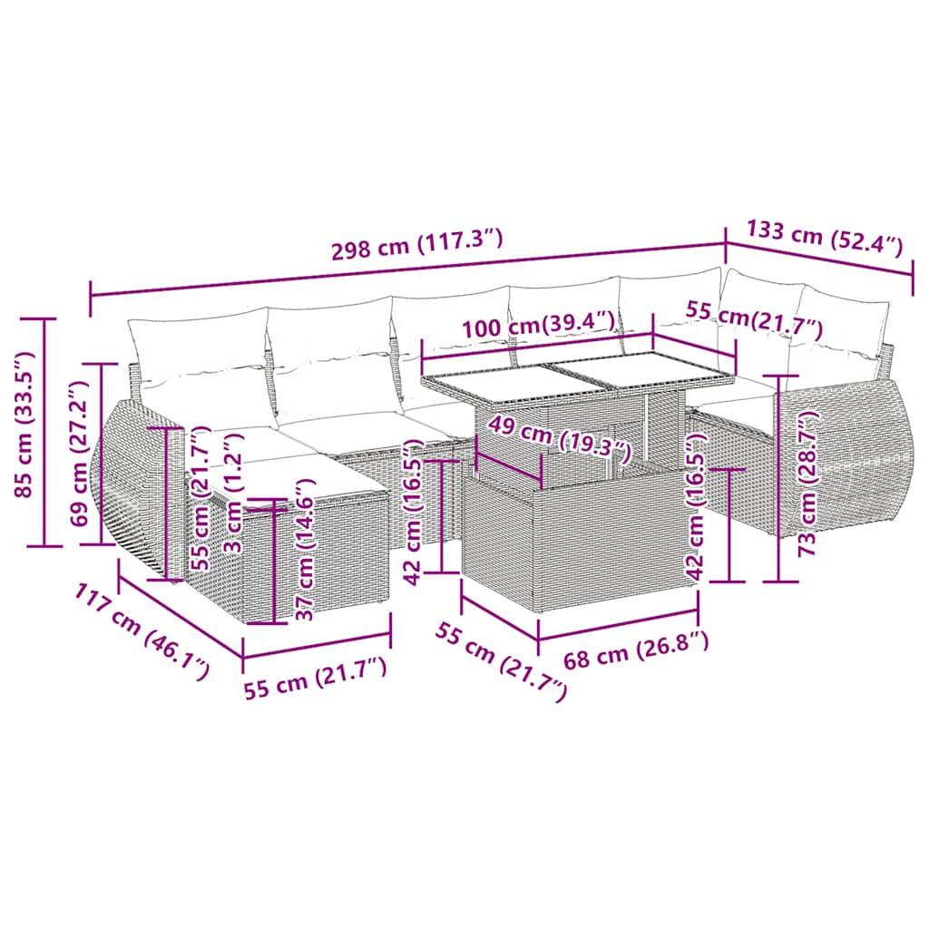 vidaXL 8-tlg. Garten-Sofagarnitur mit Kissen Schwarz Poly Rattan