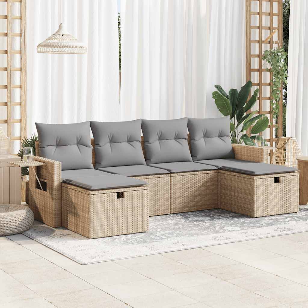 vidaXL 6-tlg. Garten-Sofagarnitur mit Kissen Beige Poly Rattan
