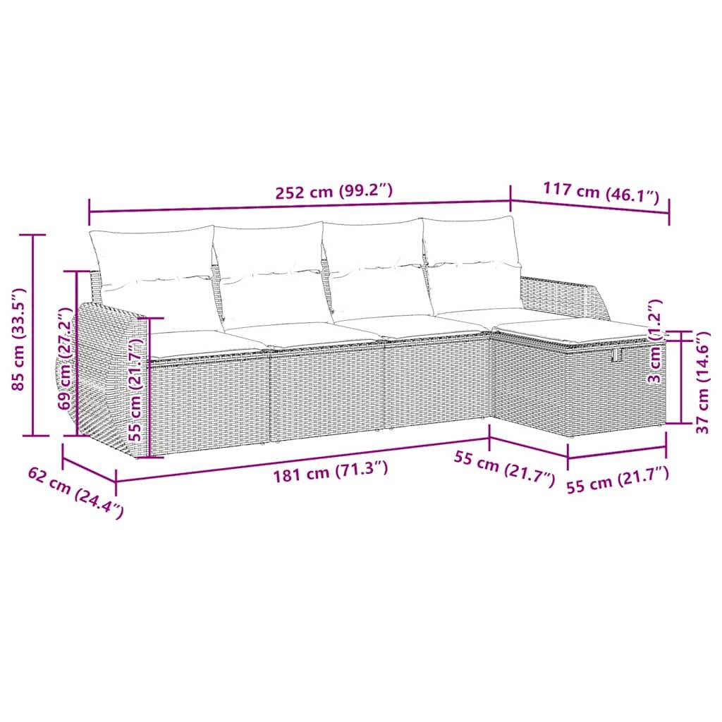 vidaXL 5-tlg. Garten-Sofagarnitur mit Kissen Grau Poly Rattan