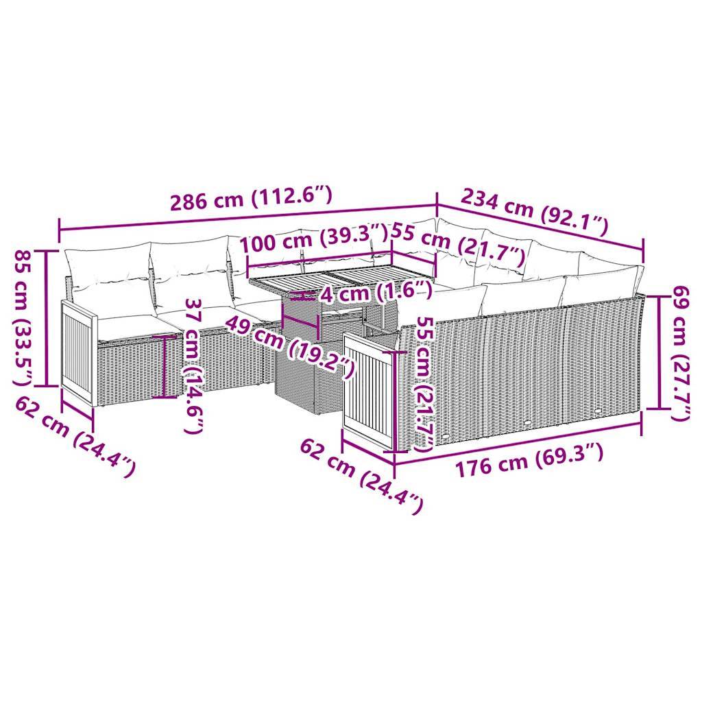 vidaXL 11-tlg. Garten-Sofagarnitur mit Kissen Grau Poly Rattan Akazie