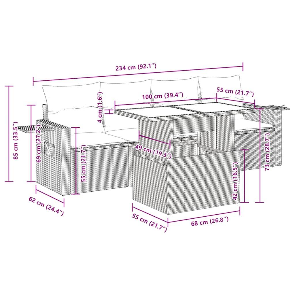 vidaXL 5-tlg. Garten-Sofagarnitur mit Kissen Beige Poly Rattan
