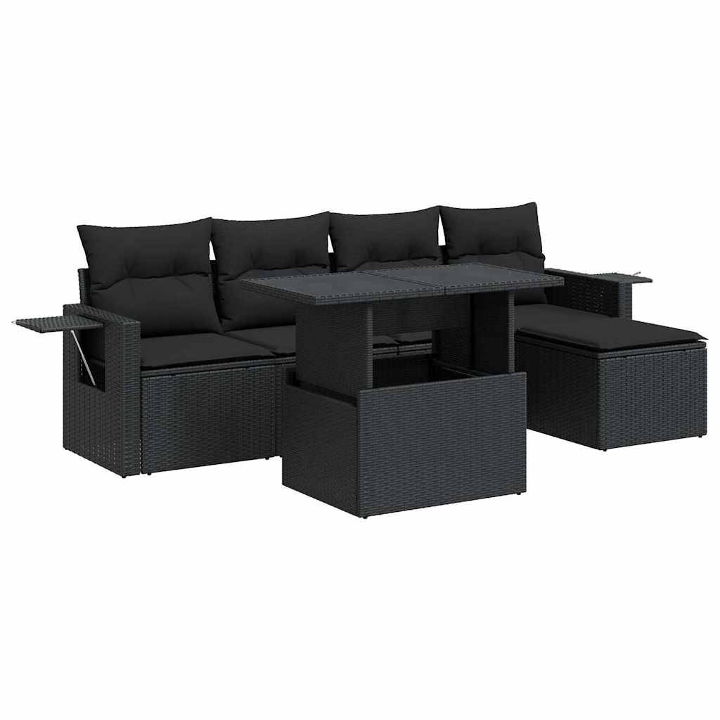 vidaXL 6-tlg. Garten-Sofagarnitur mit Kissen Schwarz Poly Rattan