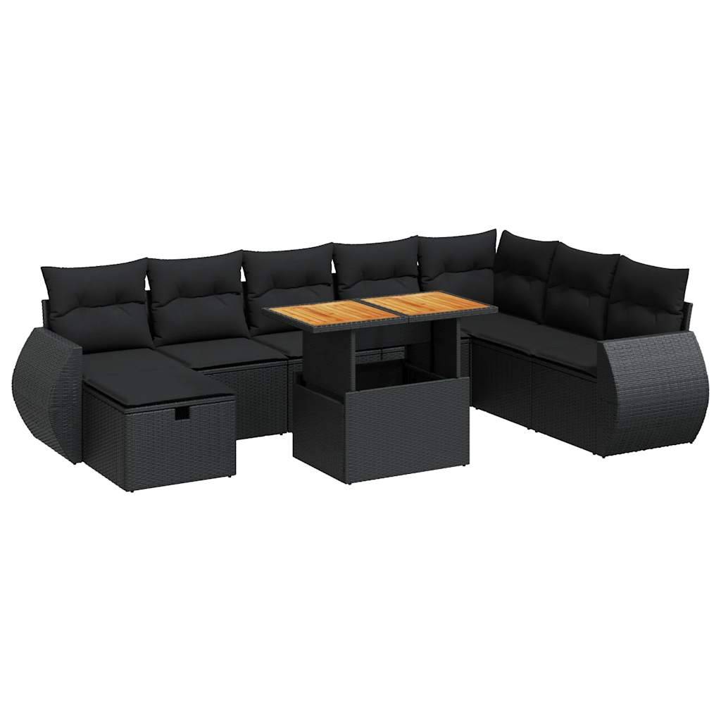 vidaXL 9-tlg. Garten-Sofagarnitur mit Kissen Schwarz Poly Rattan