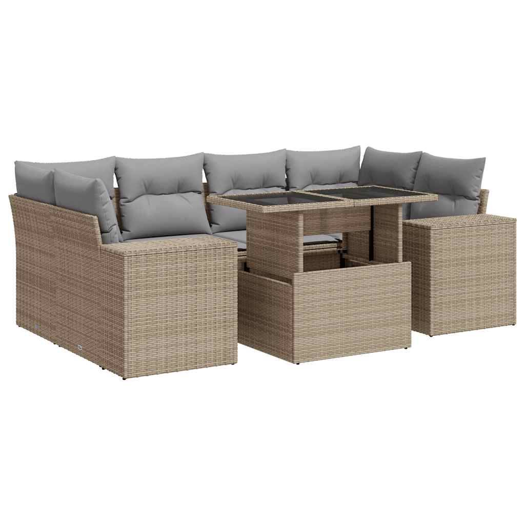 vidaXL 7-tlg. Garten-Sofagarnitur mit Kissen Beige Poly Rattan