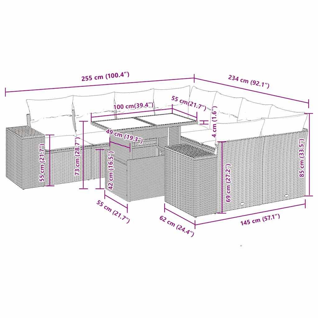 vidaXL 9-tlg. Garten-Sofagarnitur mit Kissen Grau Poly Rattan