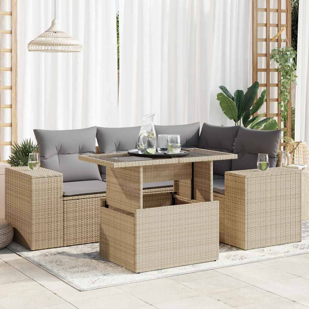 vidaXL 5-tlg. Garten-Sofagarnitur mit Kissen Beige Poly Rattan