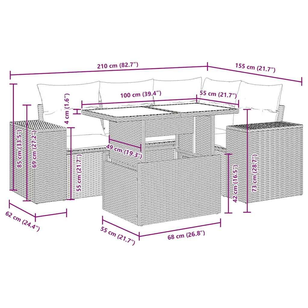 vidaXL 5-tlg. Garten-Sofagarnitur mit Kissen Beige Poly Rattan