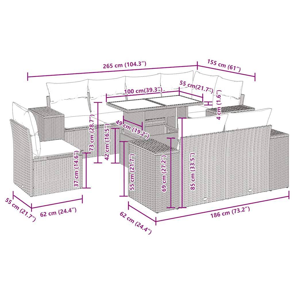 vidaXL 9-tlg. Garten-Sofagarnitur mit Kissen Schwarz Poly Rattan