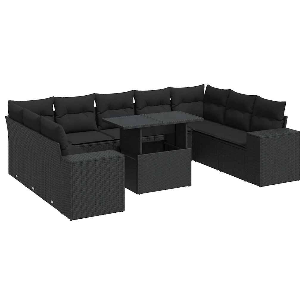 vidaXL 10-tlg. Garten-Sofagarnitur mit Kissen Schwarz Poly Rattan