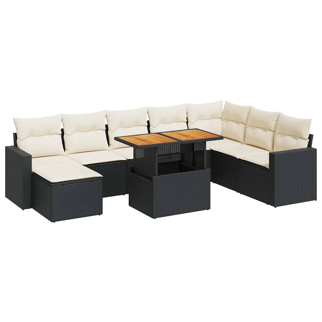 vidaXL 9-tlg. Garten-Sofagarnitur mit Kissen Schwarz Poly Rattan