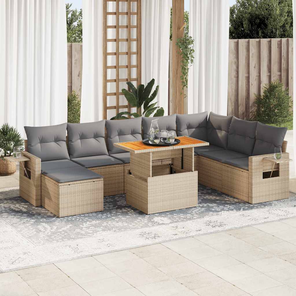 vidaXL 9-tlg. Garten-Sofagarnitur mit Kissen Beige Poly Rattan