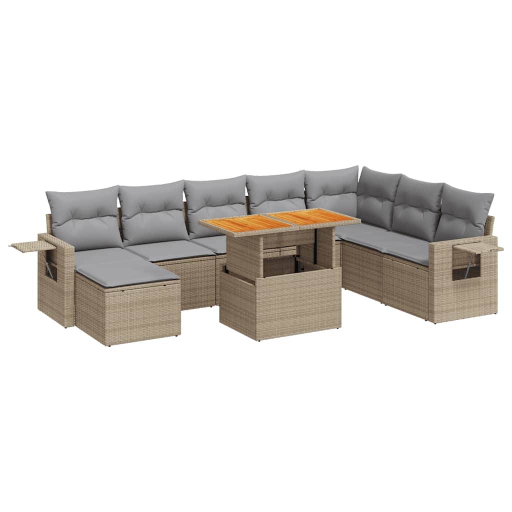 vidaXL 9-tlg. Garten-Sofagarnitur mit Kissen Beige Poly Rattan