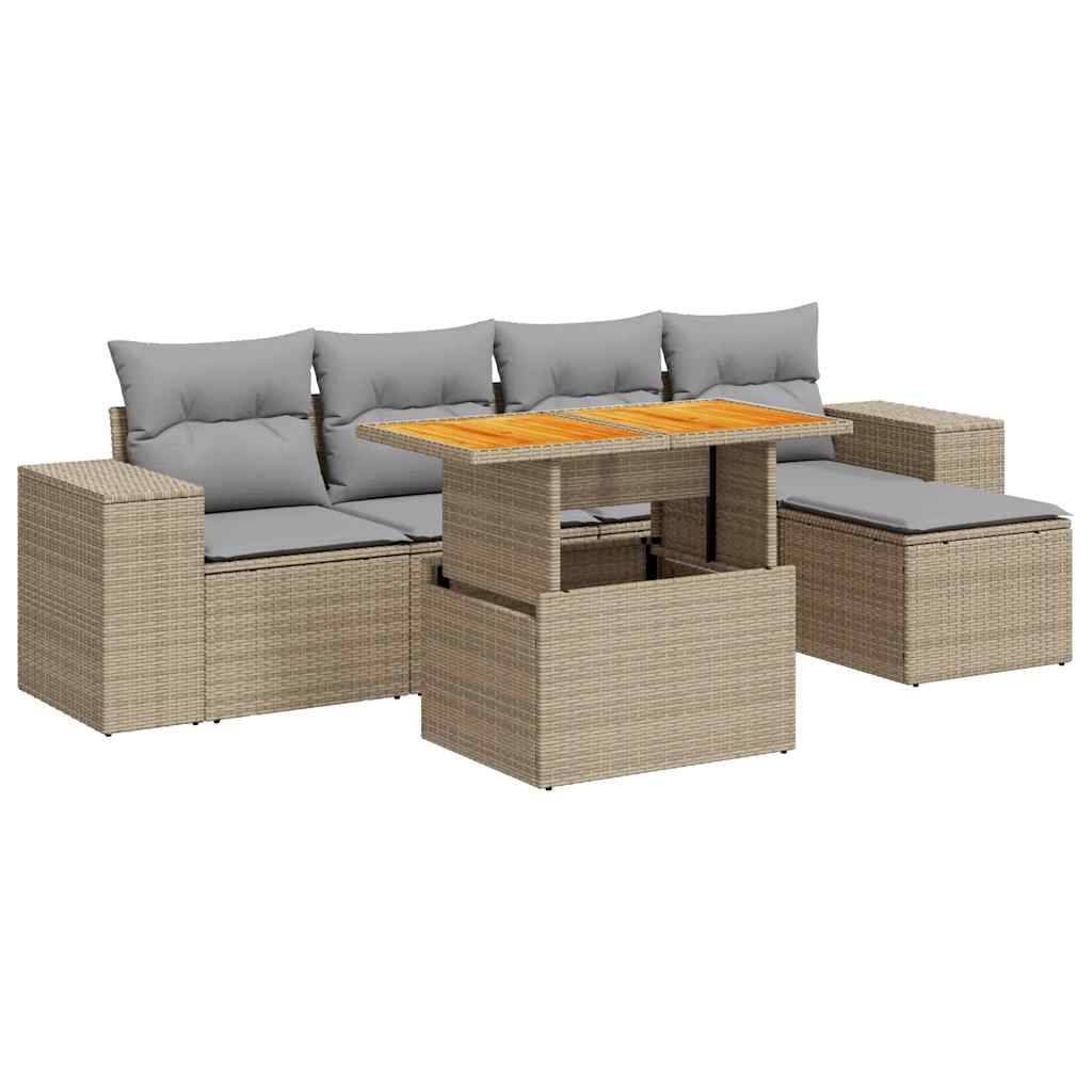 vidaXL 6-tlg. Garten-Sofagarnitur mit Kissen Beige Poly Rattan