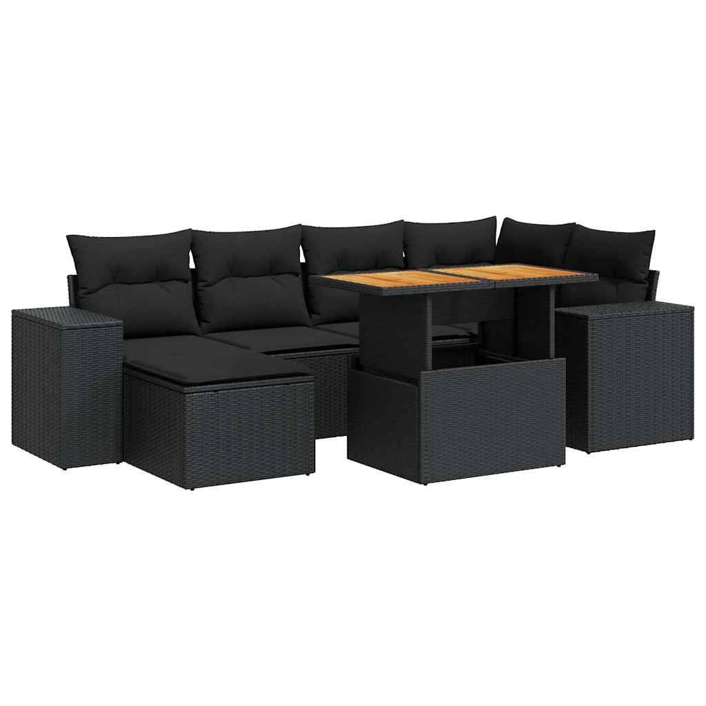 vidaXL 7-tlg. Garten-Sofagarnitur mit Kissen Schwarz Poly Rattan