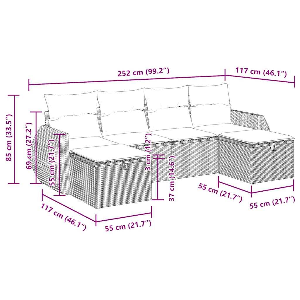 vidaXL 6-tlg. Garten-Sofagarnitur mit Kissen Schwarz Poly Rattan