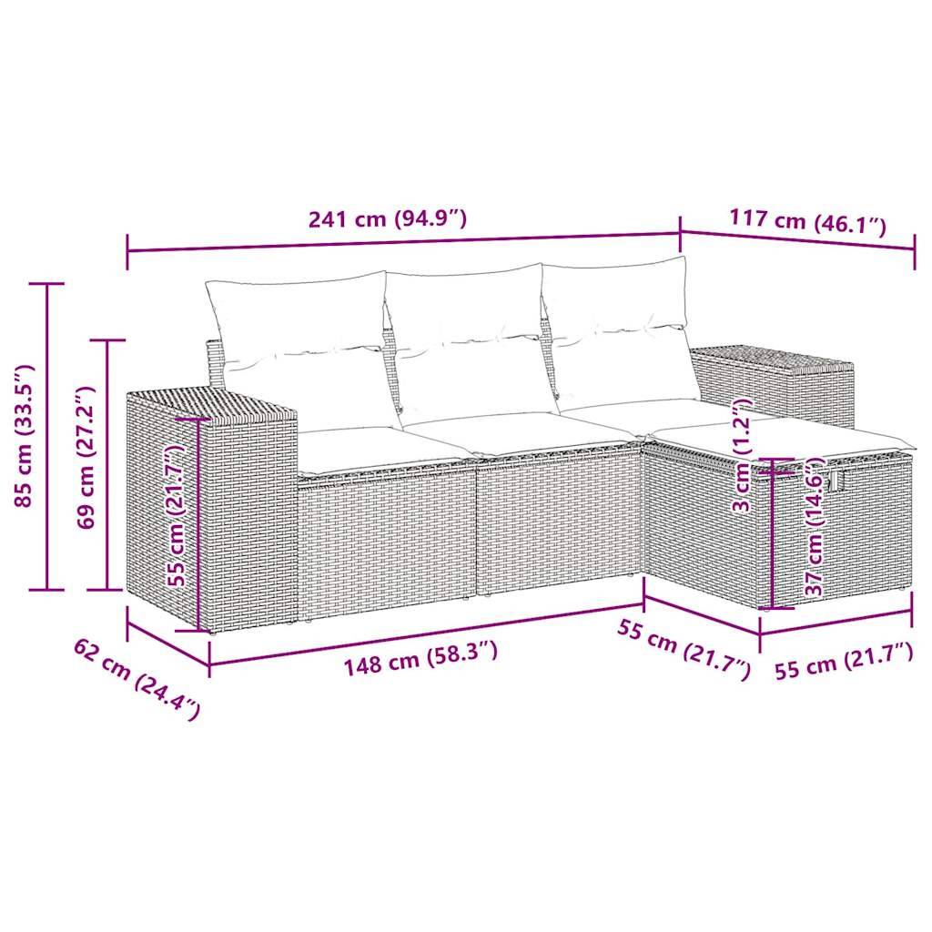 vidaXL 4-tlg. Garten-Sofagarnitur mit Kissen Grau Poly Rattan