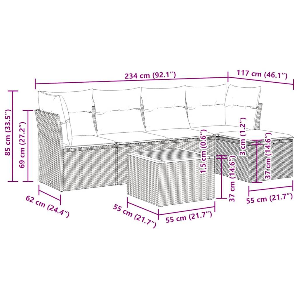 vidaXL 6-tlg. Garten-Sofagarnitur mit Kissen Beige Poly Rattan