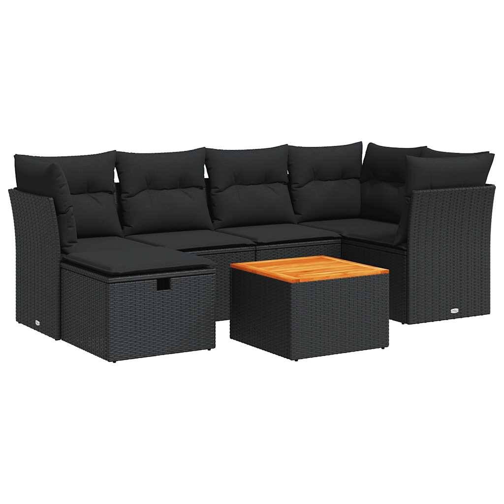 vidaXL 7-tlg. Garten-Sofagarnitur mit Kissen Schwarz Poly Rattan