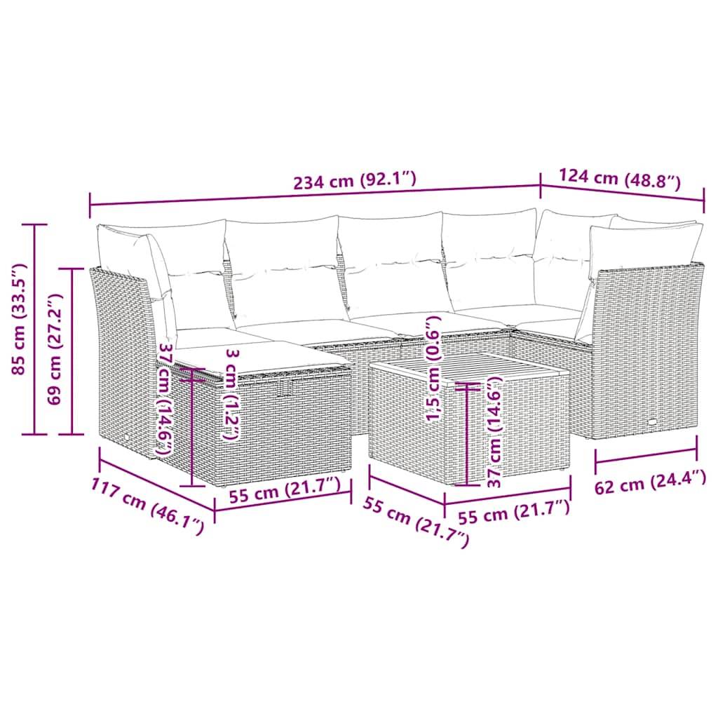 vidaXL 7-tlg. Garten-Sofagarnitur mit Kissen Schwarz Poly Rattan