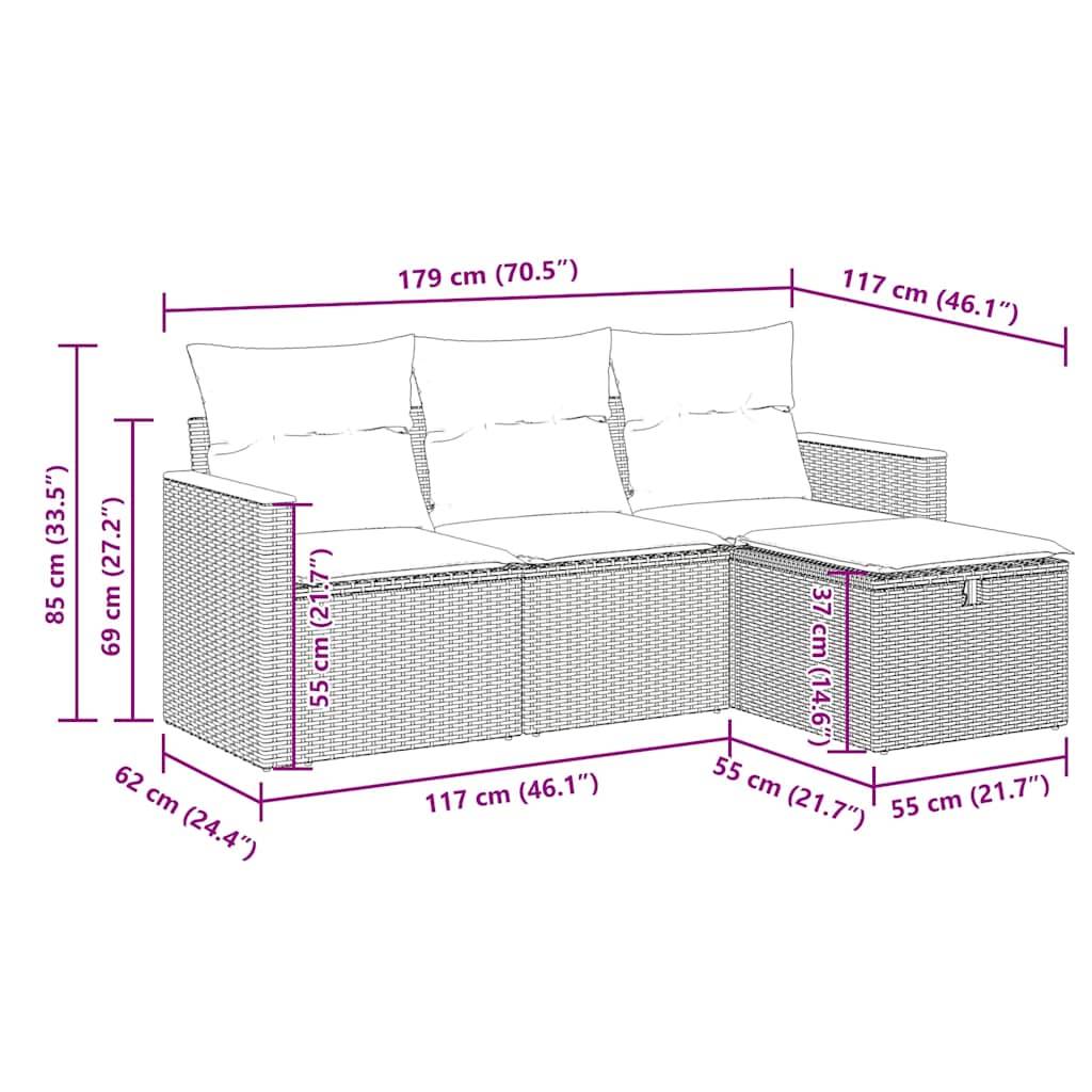 vidaXL 4-tlg. Garten-Sofagarnitur mit Kissen Grau Poly Rattan