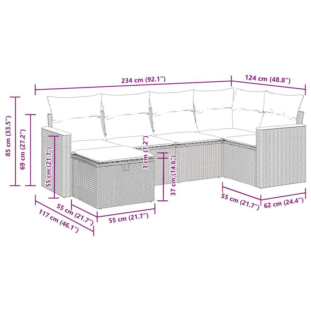 vidaXL 6-tlg. Garten-Sofagarnitur mit Kissen Schwarz Poly Rattan