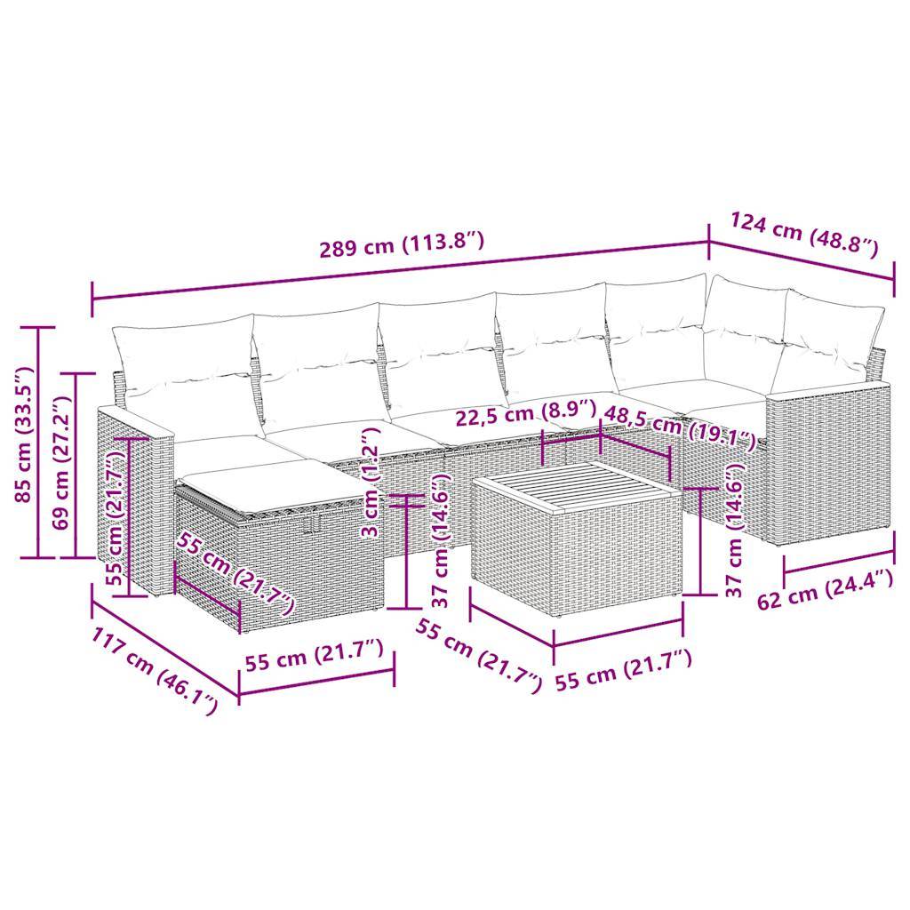 vidaXL 8-tlg. Garten-Sofagarnitur mit Kissen Schwarz Poly Rattan